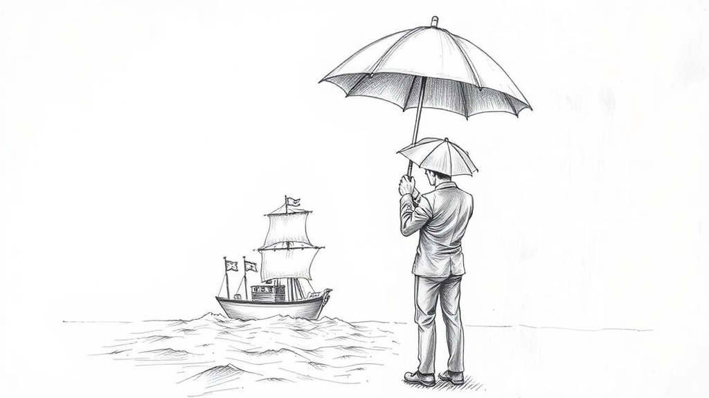 менеджер с зонтом над кораблем в шторм