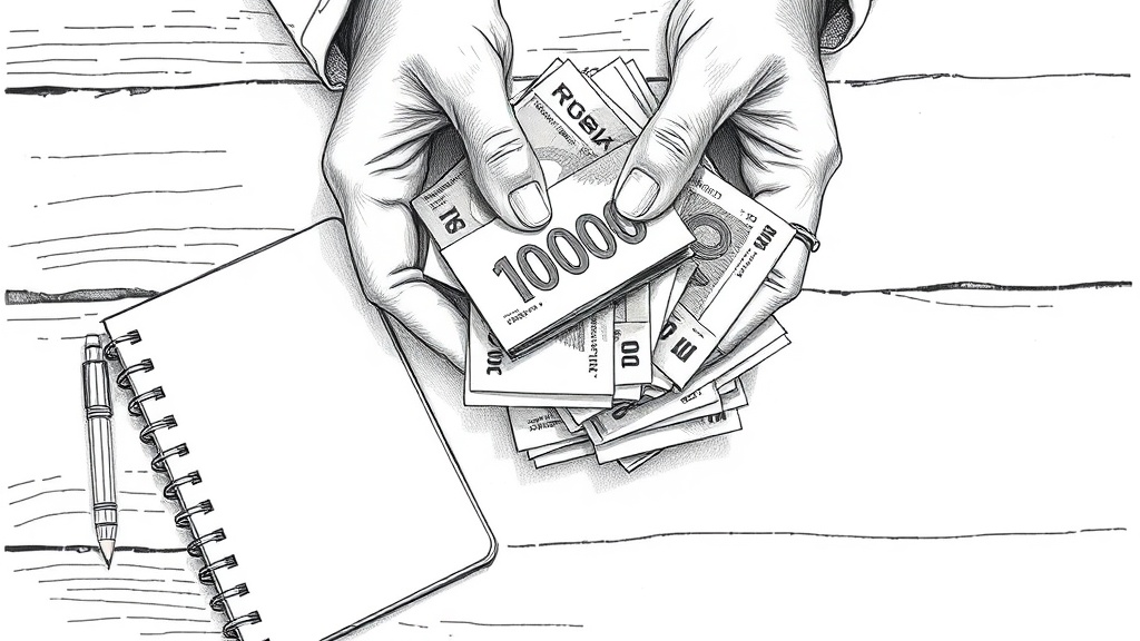 руки считают 10 тысяч рублей на столе