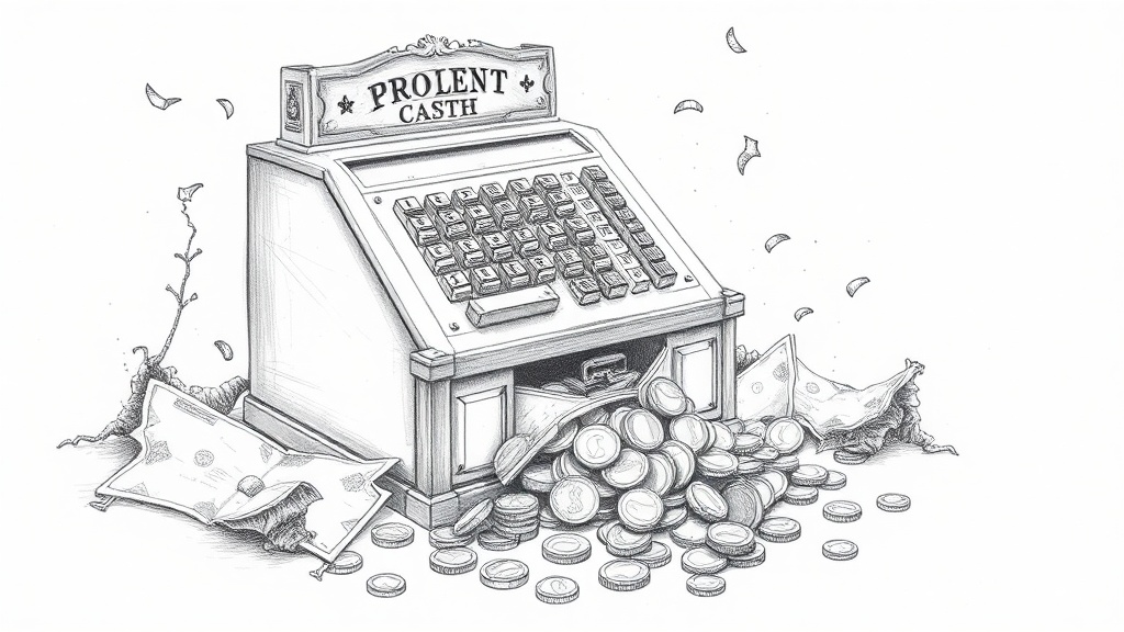 сломанный кассовый аппарат с монетами