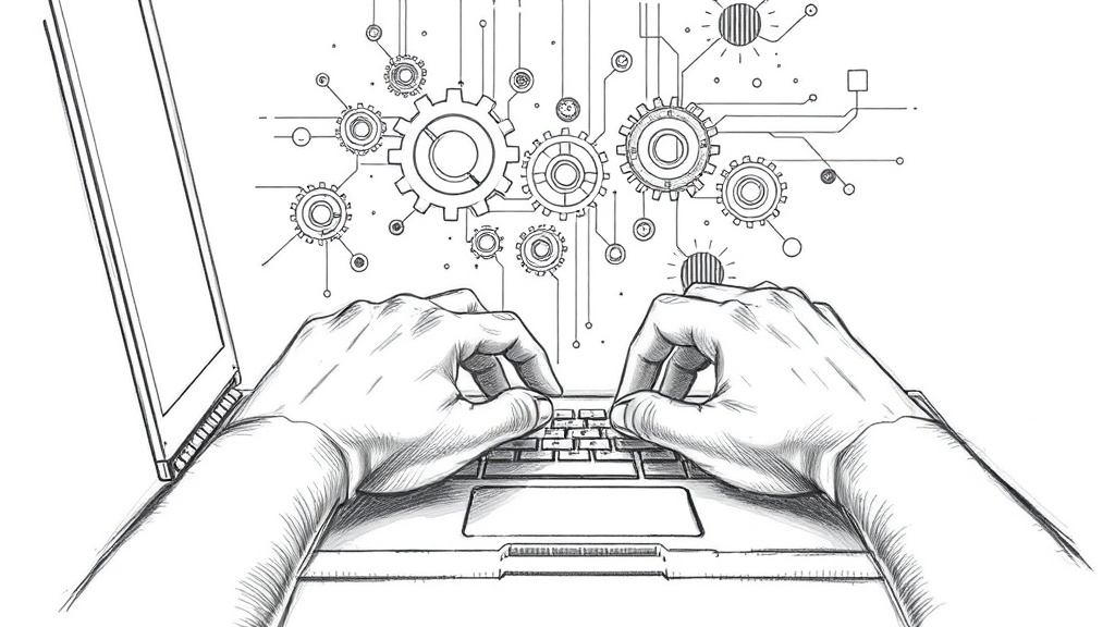 руки печатают на ноутбуке с шестеренками