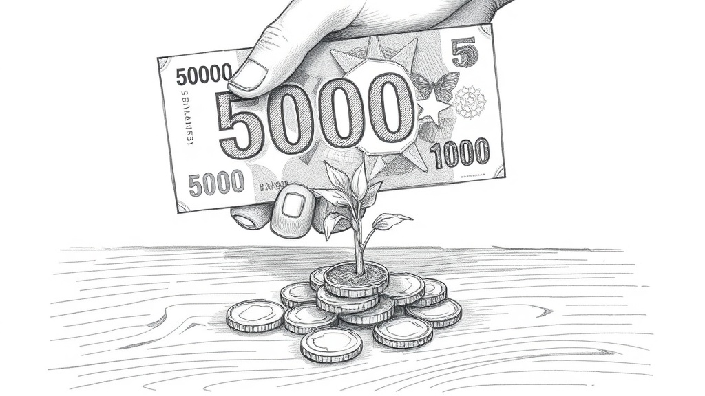 рука с купюрой 50000 рублей и растением из монет