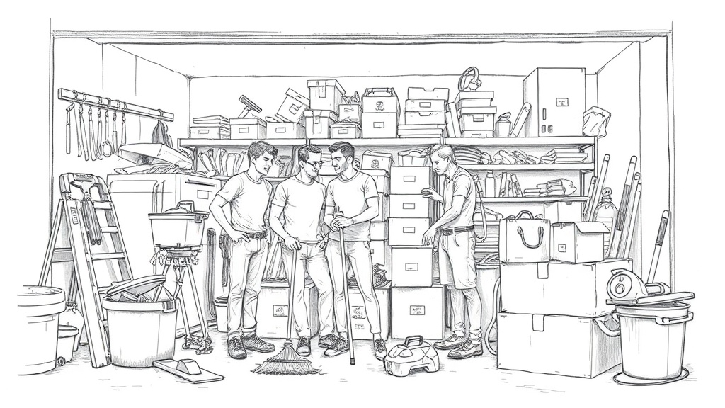 друзья убирают гараж для бизнеса по уборке