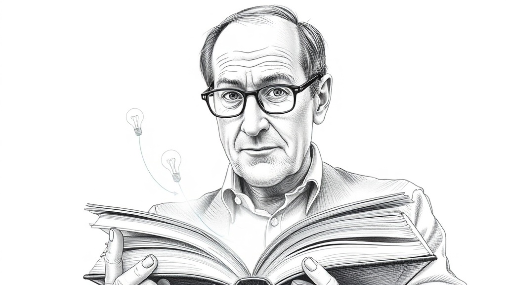 портрет Питера Друкера с книгой