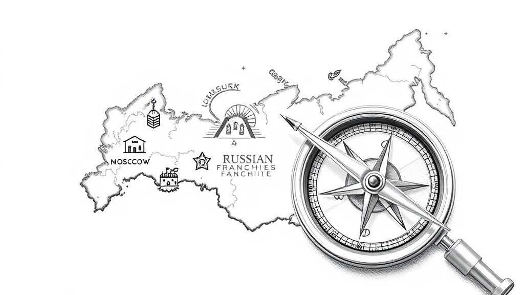 компас на карте России с точками франшиз